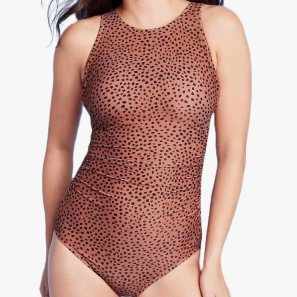 Kona Sol Women's Spotted Print High Neck Ruched Full Coverage One Piece Swimsuit